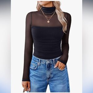 NWOT Avidlove Black Long Sleeve Turtleneck Sheer Ruched Bodysuit Size Small
